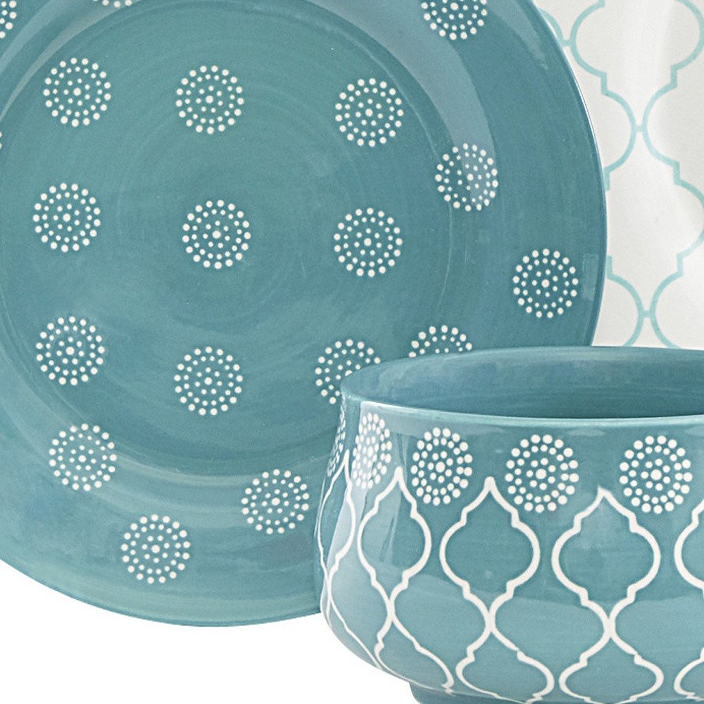 Turquoise Sixteen Piece Round Trellis Ceramic Service For Four Dinnerware Set close-up detail