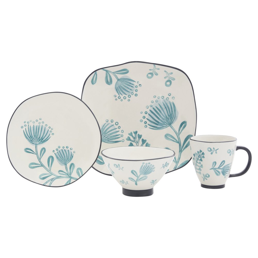A white ceramic dinnerware set with blue floral accents, including plates, a bowl, and a mug, on a white background.
