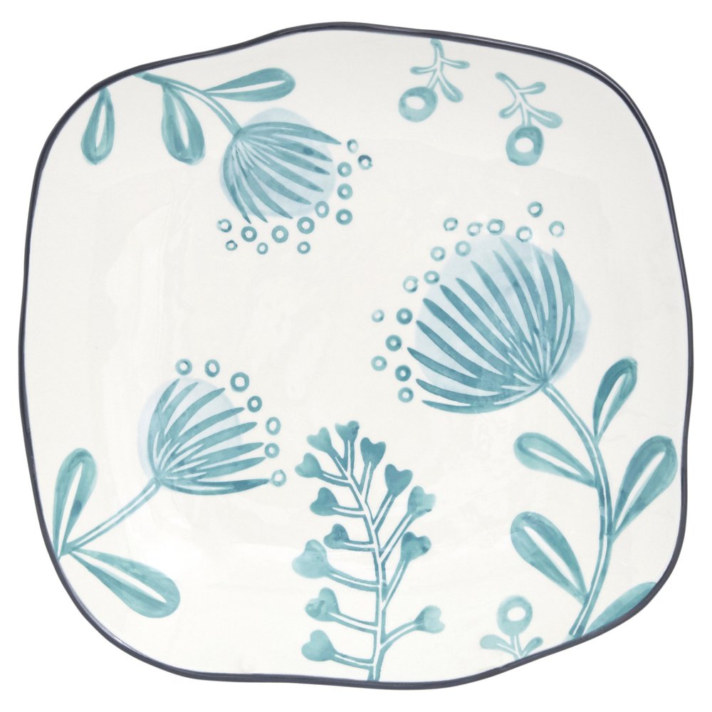 Blue and White Sixteen Piece Round Floral Ceramic Service For Four Dinnerware Set on a white background