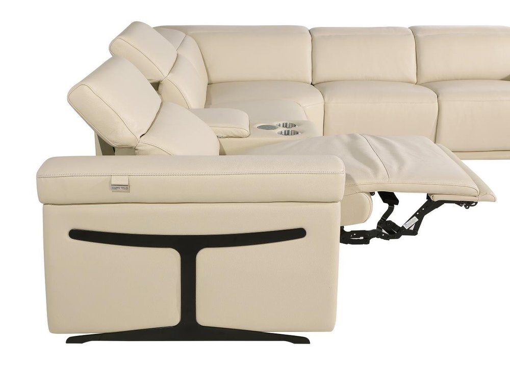 Beige Italian Leather Modular L Shaped Eight Piece Corner Sectional With Console