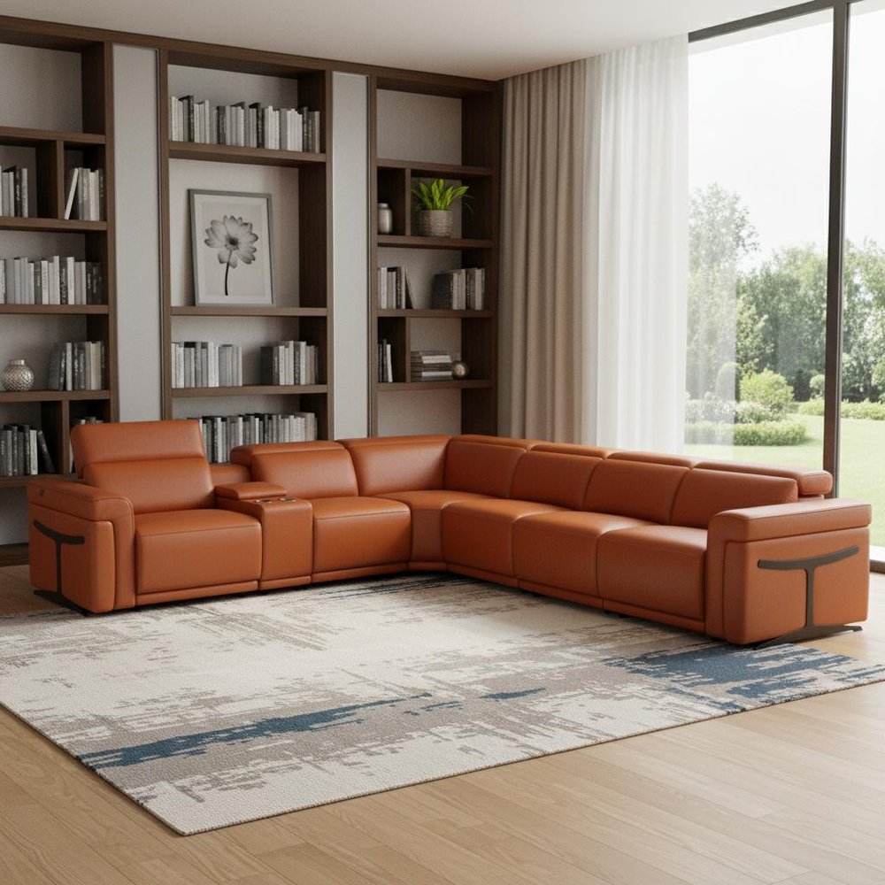 Camel Italian Leather Modular L Shaped Seven Piece Corner Sectional With Console