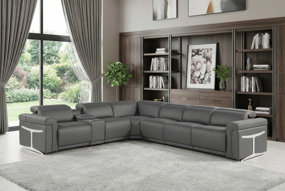 Gray Italian Leather Modular L Shaped Seven Piece Corner Sectional With Console