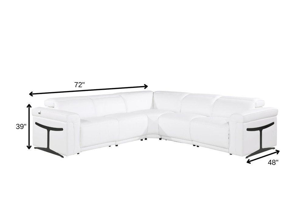 White Italian Leather Modular L Shaped Five Piece Corner Sectional on a white background