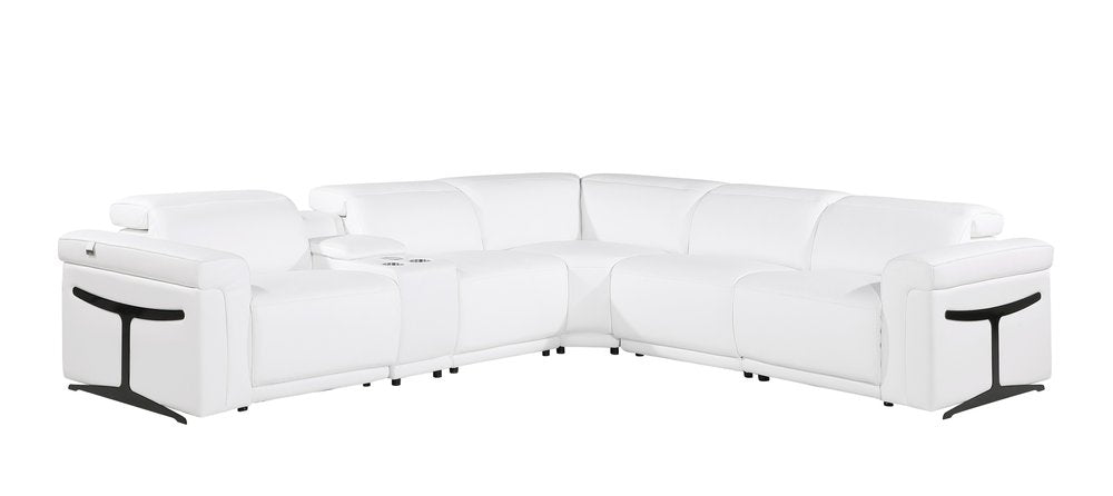 White Italian Leather Modular L Shaped Six Piece Corner Sectional With Console on a white background