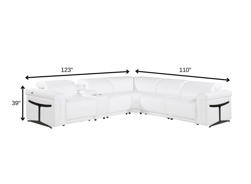 White Italian Leather Modular L Shaped Six Piece Corner Sectional With Console on a white background