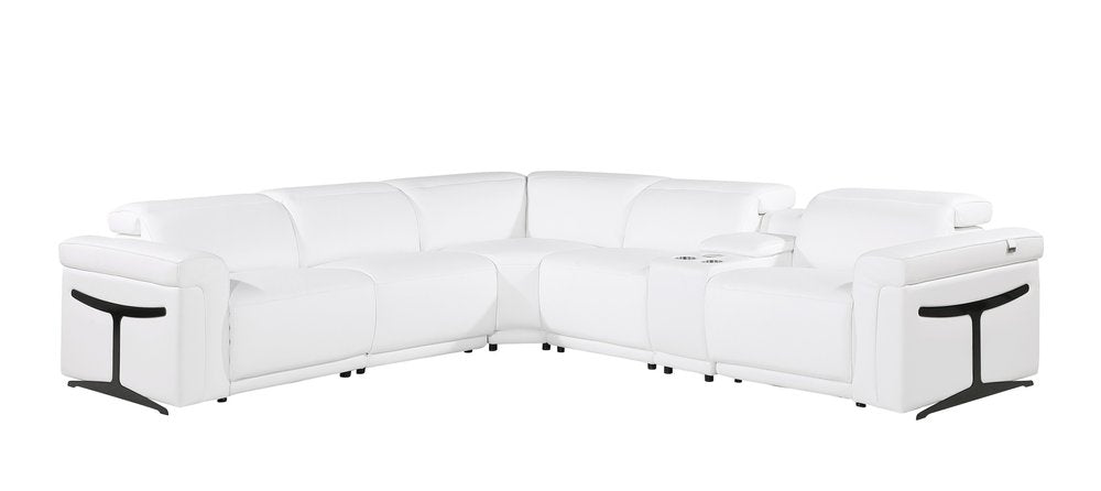 White Italian Leather Modular L Shaped Six Piece Corner Sectional With Console on a white background
