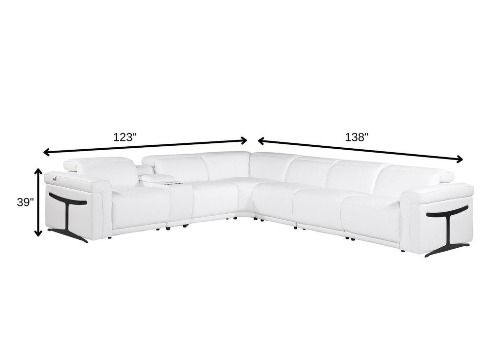 White Italian Leather Modular L Shaped Seven Piece Corner Sectional With Console - SKU 534878 on a white background