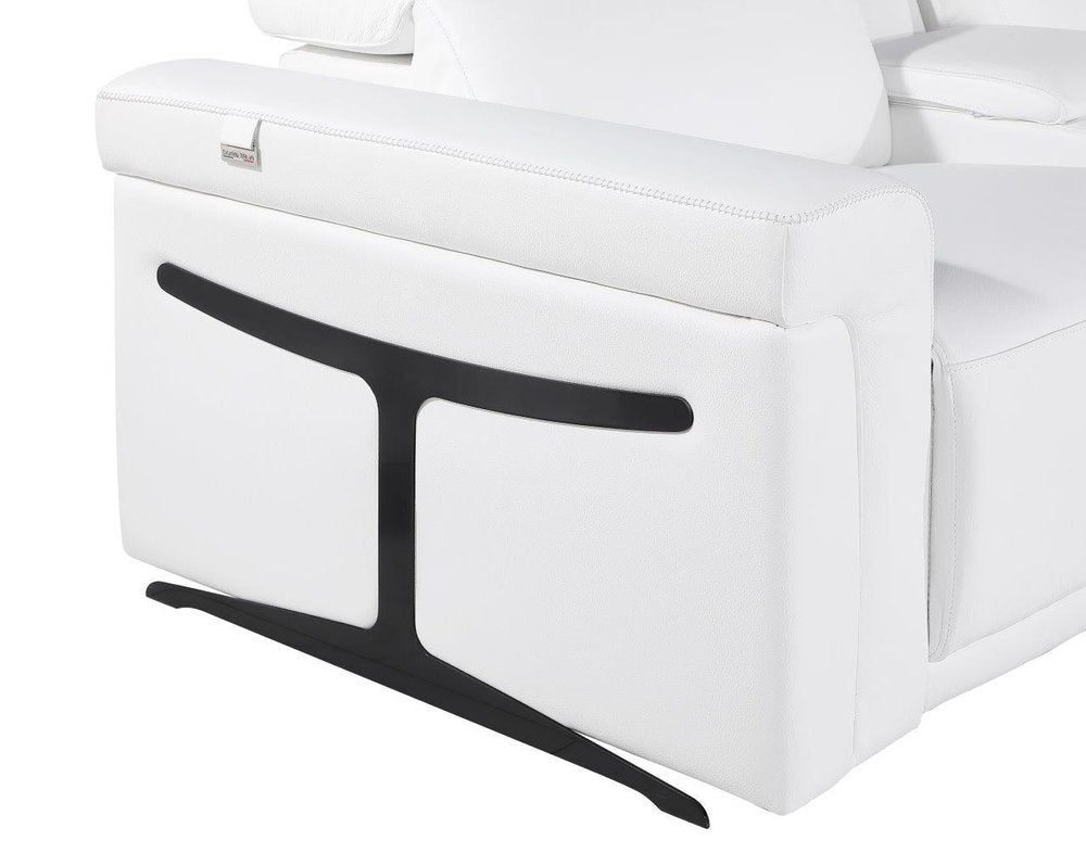 White Italian leather sectional sofa with black accent legs and a console, shown from the side.