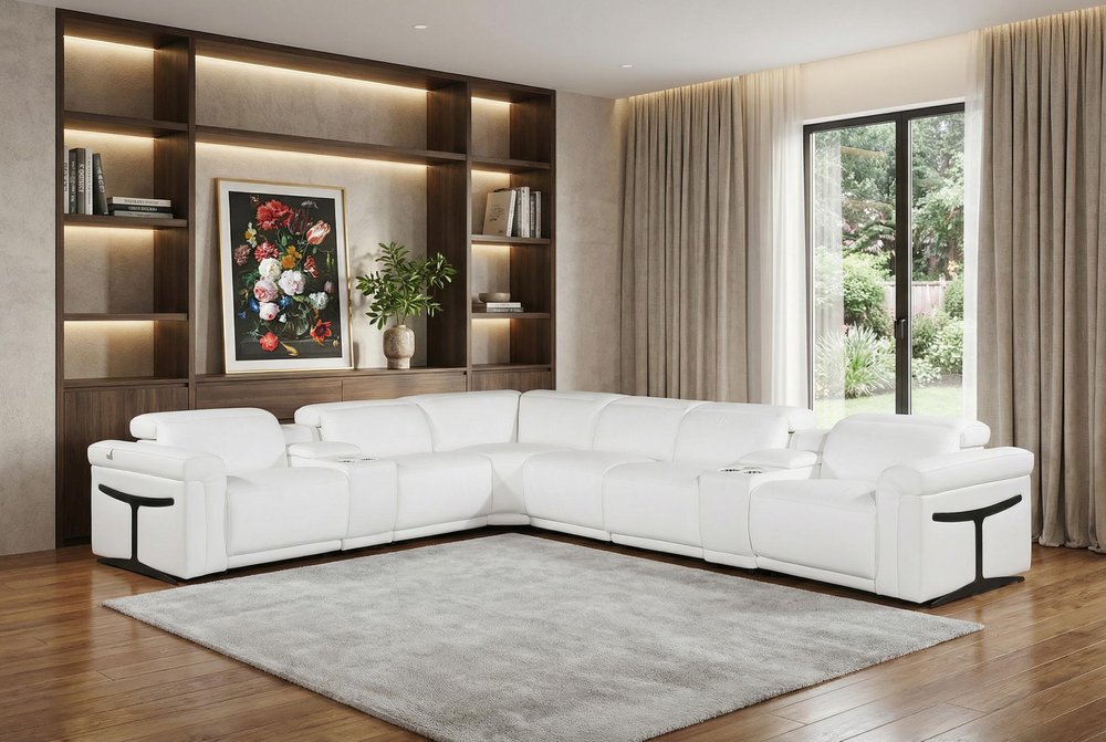 White Italian Leather Modular L Shaped Eight Piece Corner Sectional With Console - SKU 534881