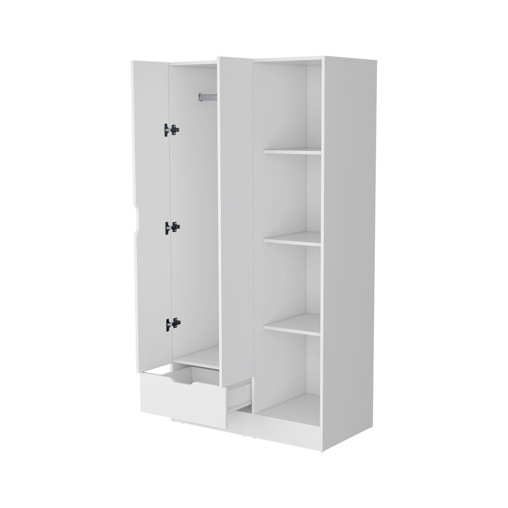 White wood two-door single drawer combo dresser with open doors and shelves, isolated on a white background.