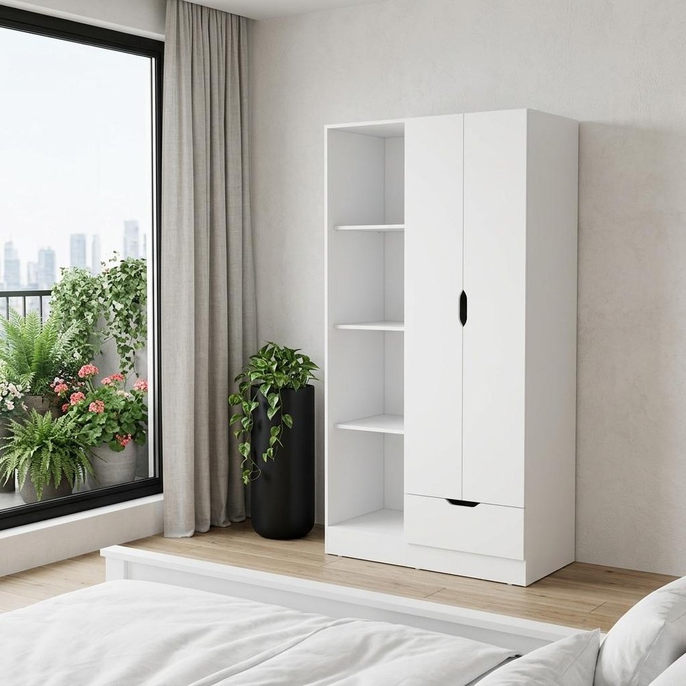 71" White Wood Two Door Single Drawer Combo Dresser on a white background