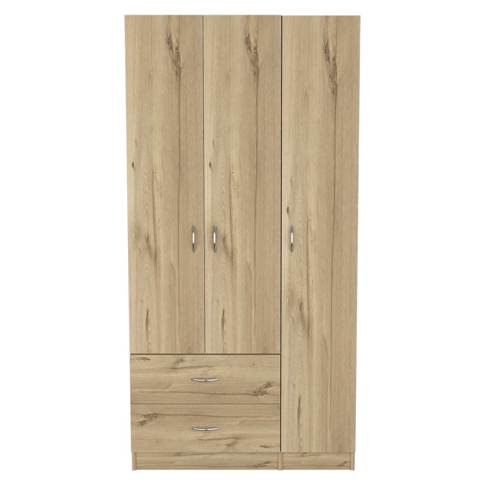 Three-door, two-drawer wardrobe with a light oak wood finish against a white background.