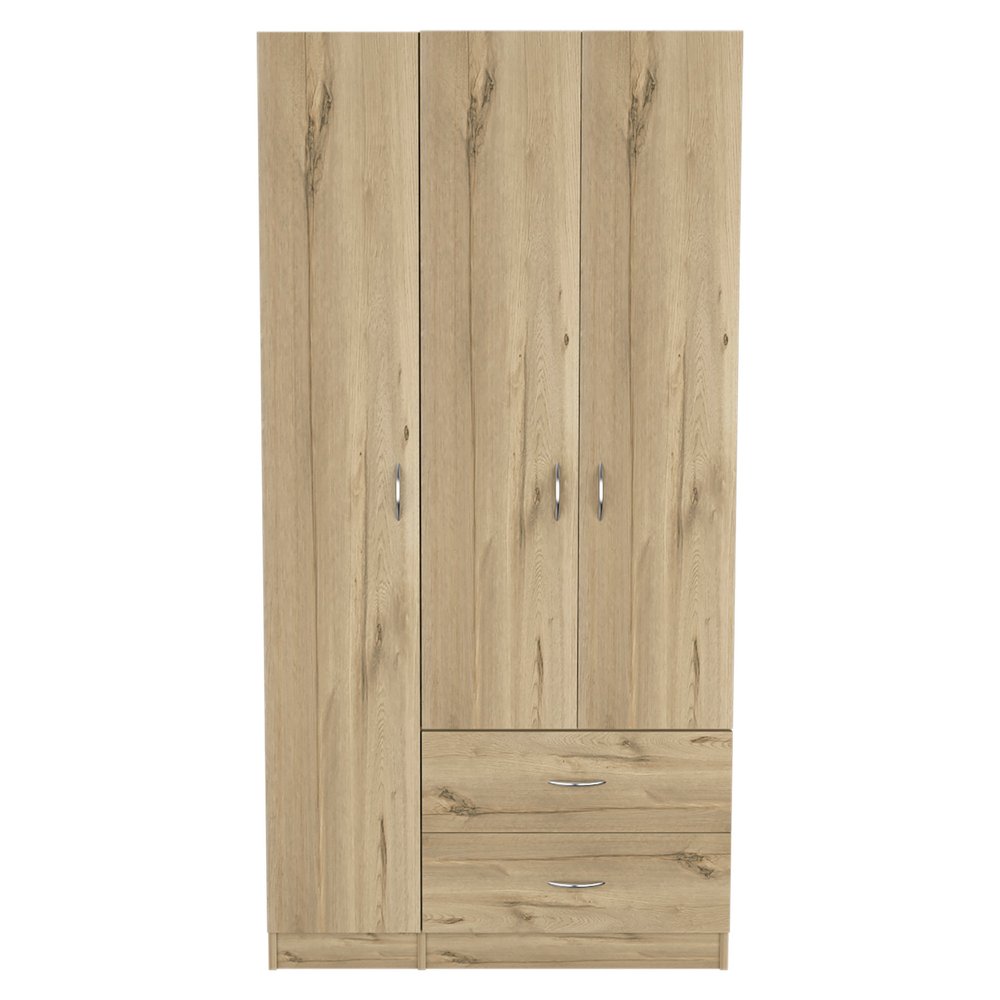 71" Oak Wood Three Door Two Drawer Combo Dresser on a white background