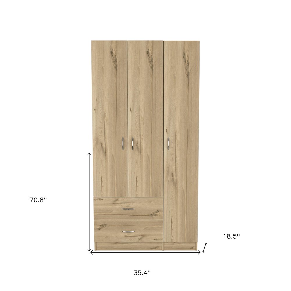 71" Oak Wood Three Door Two Drawer Combo Dresser on a white background