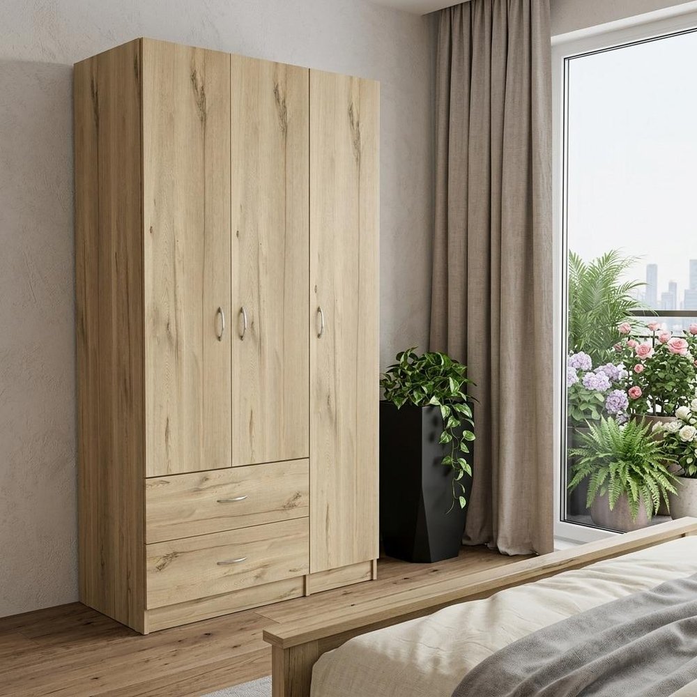 71" Oak Wood Three Door Two Drawer Combo Dresser in a home interior