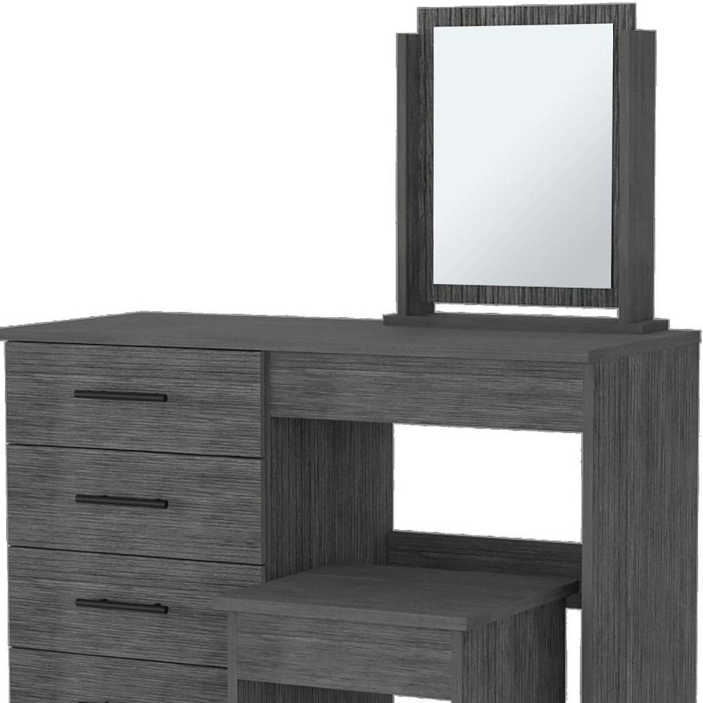 39" Gray Wood Mirrored Four Drawer Vanity Table. Vanity table in gray wood.