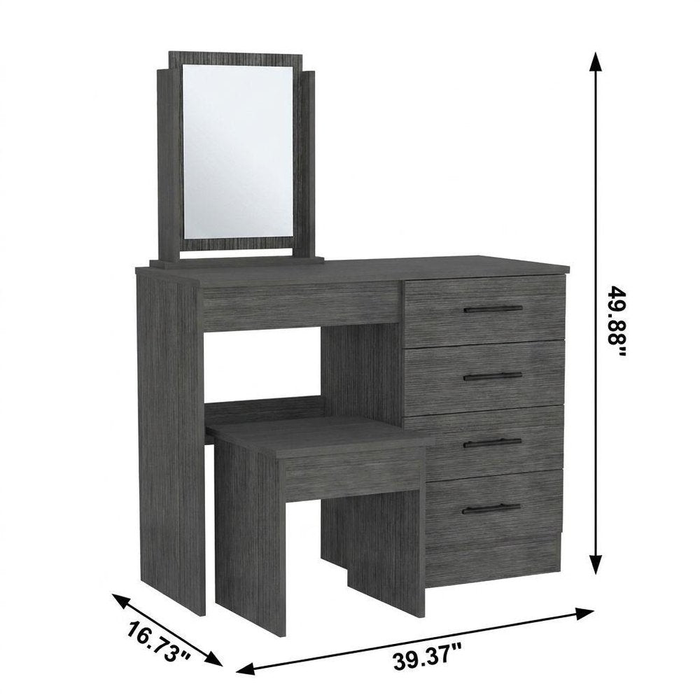 39" Gray Wood Mirrored Four Drawer Vanity Table. Vanity table isolated on a plain white background, showing a gray wood surface.