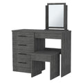 39" Gray Wood Mirrored Four Drawer Vanity Table. Vanity table isolated on a plain white background, in a gray wood finish.