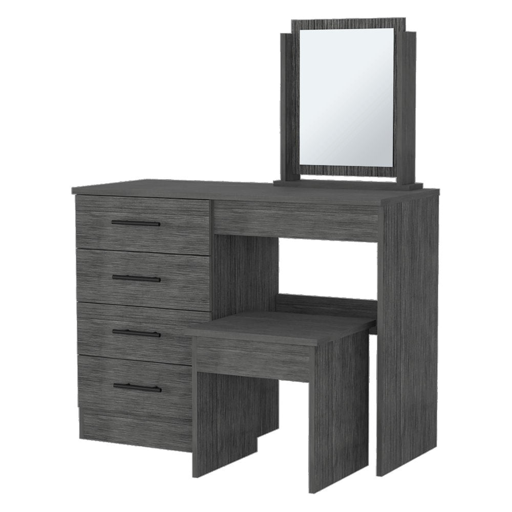 39" Gray Wood Mirrored Four Drawer Vanity Table