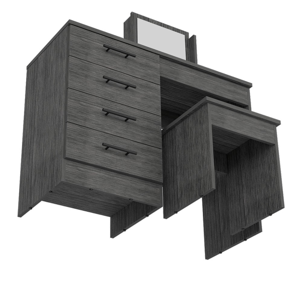 39" Gray Wood Mirrored Four Drawer Vanity Table