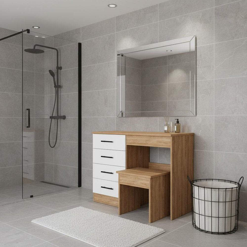 39" Natural Wood Freestanding Bathroom Vanity And Four Drawers.