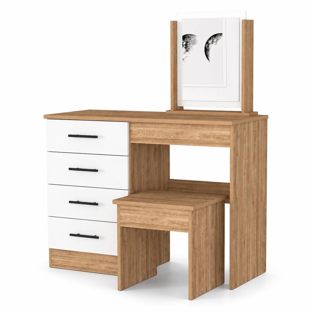 A freestanding bathroom vanity with four white drawers and a natural wood finish, featuring a mirror and a matching stool against a white background.