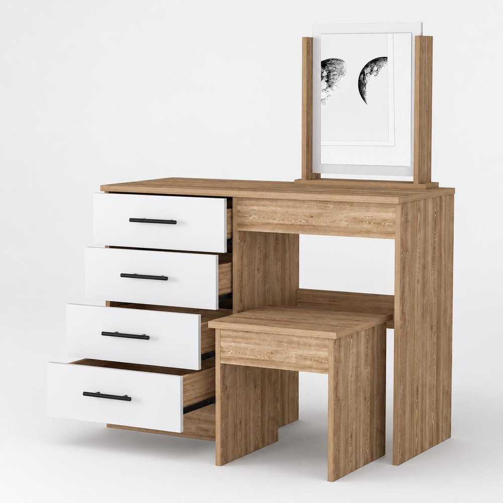 39" Natural Wood Freestanding Bathroom Vanity And Four Drawers. Bathroom vanity isolated on a plain white background, finished in tan wood.