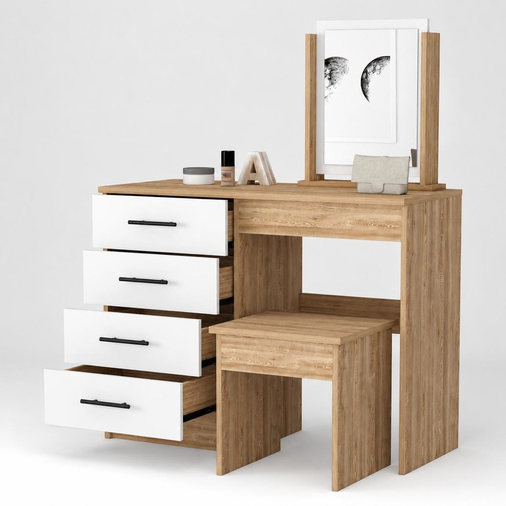39" Natural Wood Freestanding Bathroom Vanity And Four Drawers. Bathroom vanity isolated on a plain white background, showing a tan wood surface.