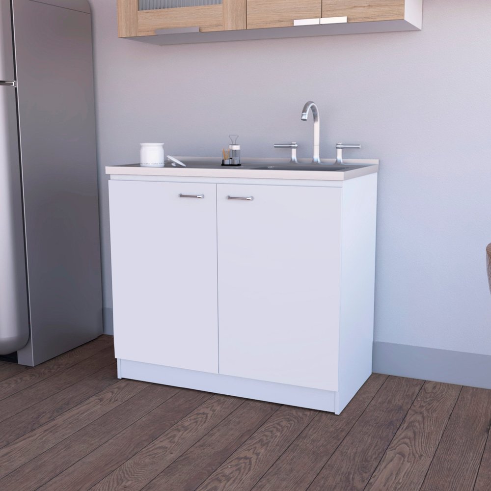 39" White Stainless Steel Accent Cabinet With Two Shelves styled in a furnished interior with a gray wall on a charcoal floor.
