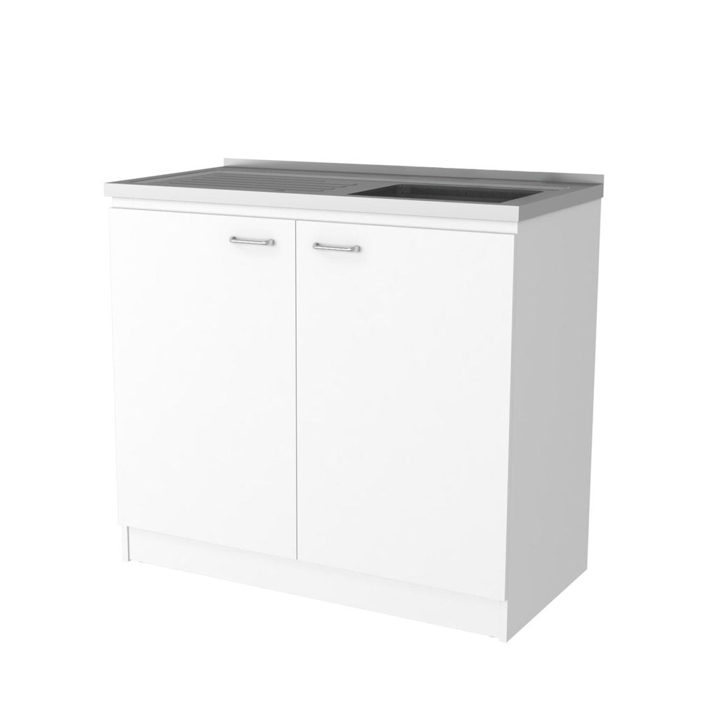39" White Stainless Steel Accent Cabinet With Two Shelves. Cabinet isolated on a plain white background, showing a white metal surface.