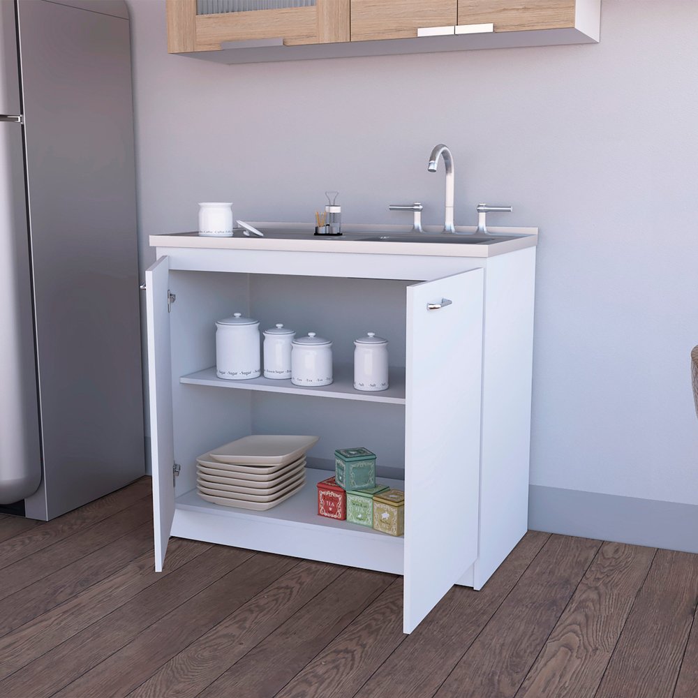 39" White Stainless Steel Accent Cabinet With Two Shelves styled in a furnished interior with a gray wall on a charcoal floor.