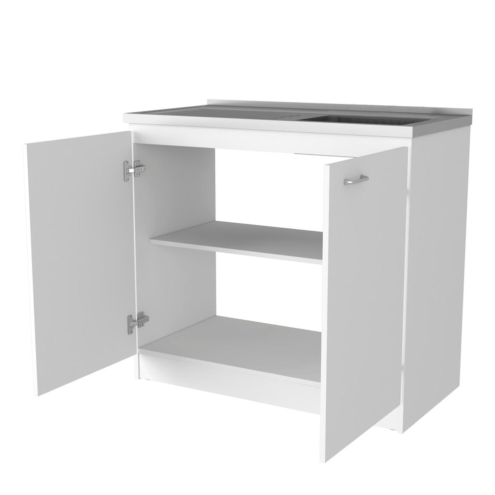 39" White Stainless Steel Accent Cabinet With Two Shelves. Cabinet isolated on a plain white background, showing a white metal surface.