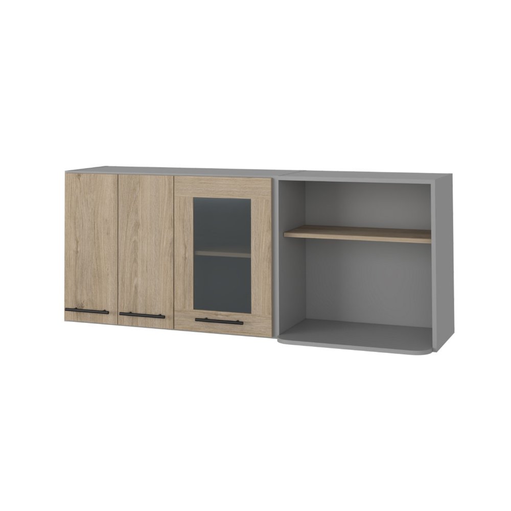 59" Gray and Natural Wood Wall Mounted Accent Cabinet With Three Doors