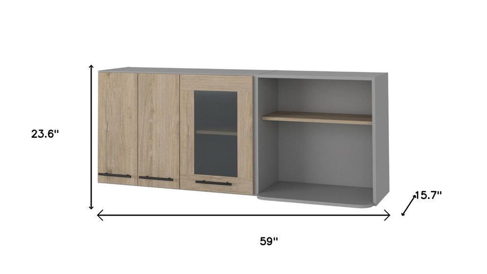 59" Gray and Natural Wood Wall Mounted Accent Cabinet With Three Doors