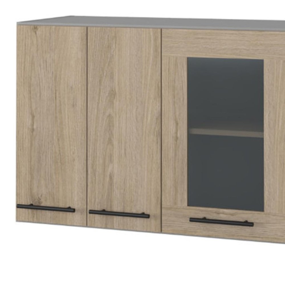 59" Gray and Natural Wood Wall Mounted Accent Cabinet With Three Doors