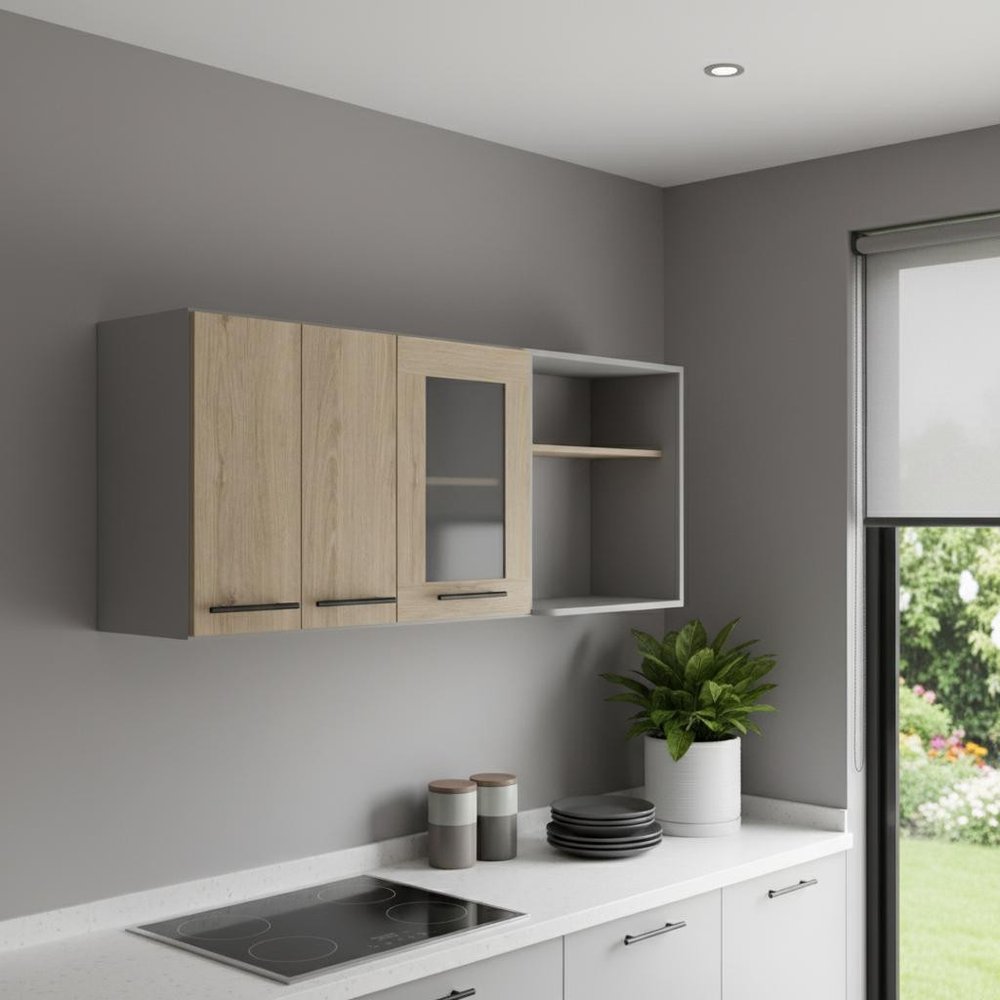 59" Gray and Natural Wood Wall Mounted Accent Cabinet With Three Doors