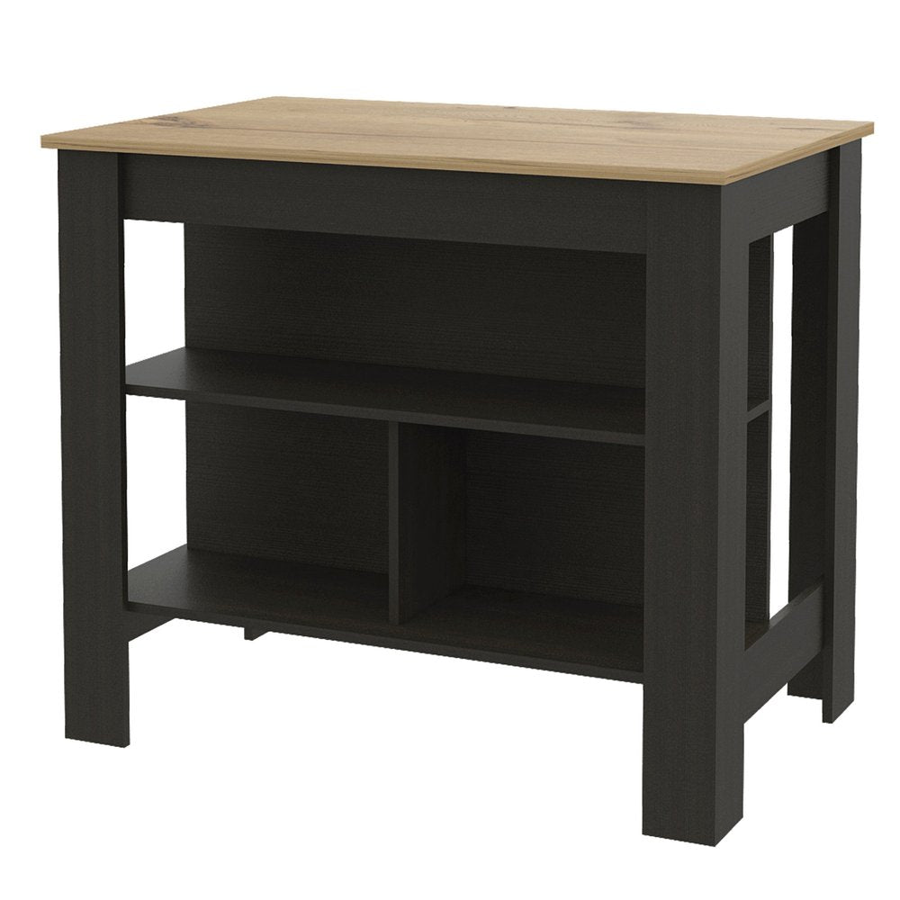 Black and Oak 41" Kitchen Island With Storage on a white background