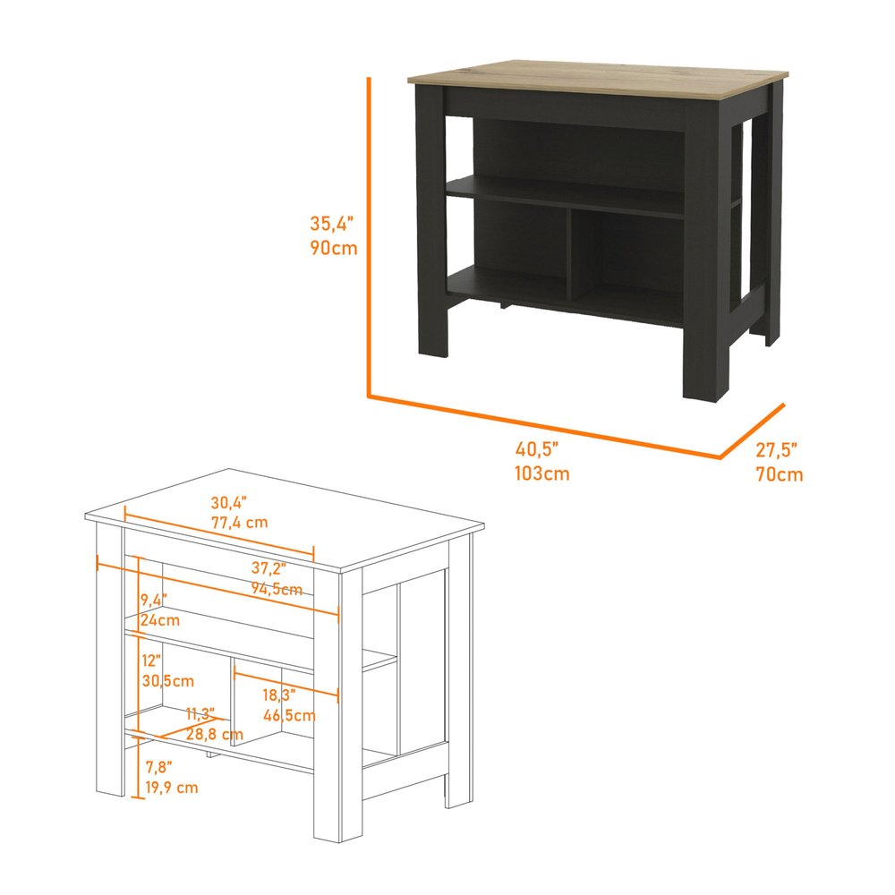 Black and Oak 41" Kitchen Island With Storage on a white background