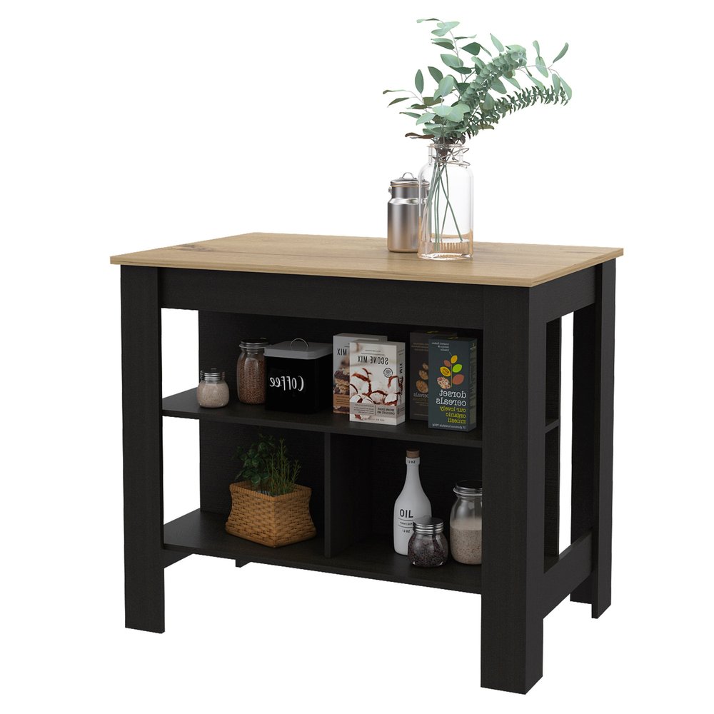 Black and Oak 41" Kitchen Island With Storage on a white background