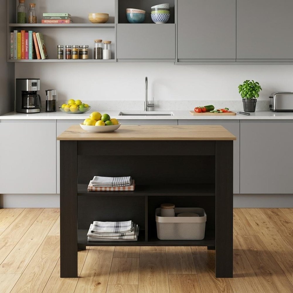 Black and Oak 41" Kitchen Island With Storage in a home interior