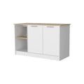 White and Oak 59" Kitchen Island With Storage on a white background