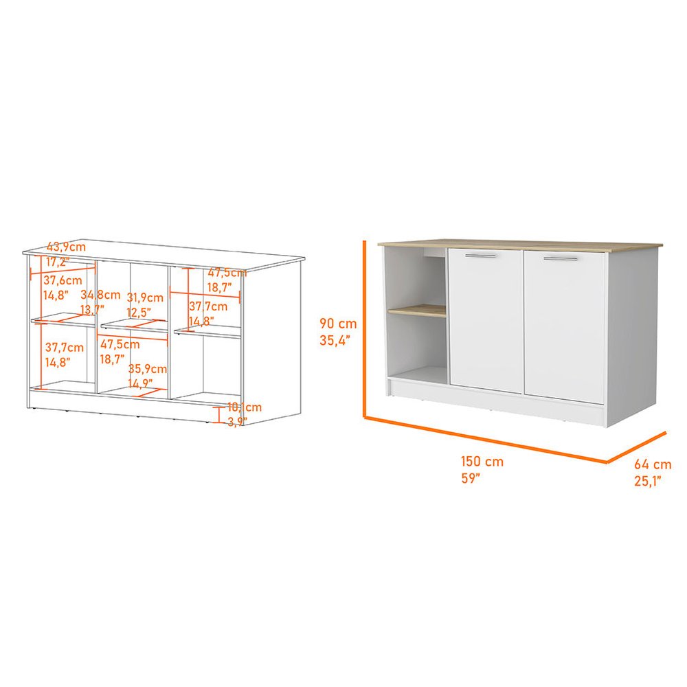White and Oak 59" Kitchen Island With Storage on a white background