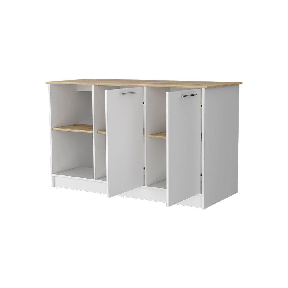 White and Oak 59" Kitchen Island With Storage on a white background