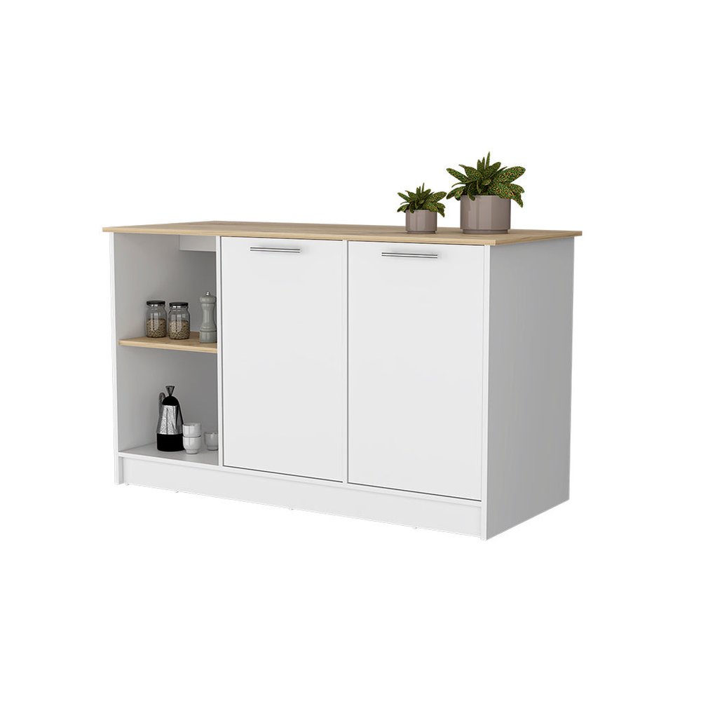 White and Oak 59" Kitchen Island With Storage on a white background