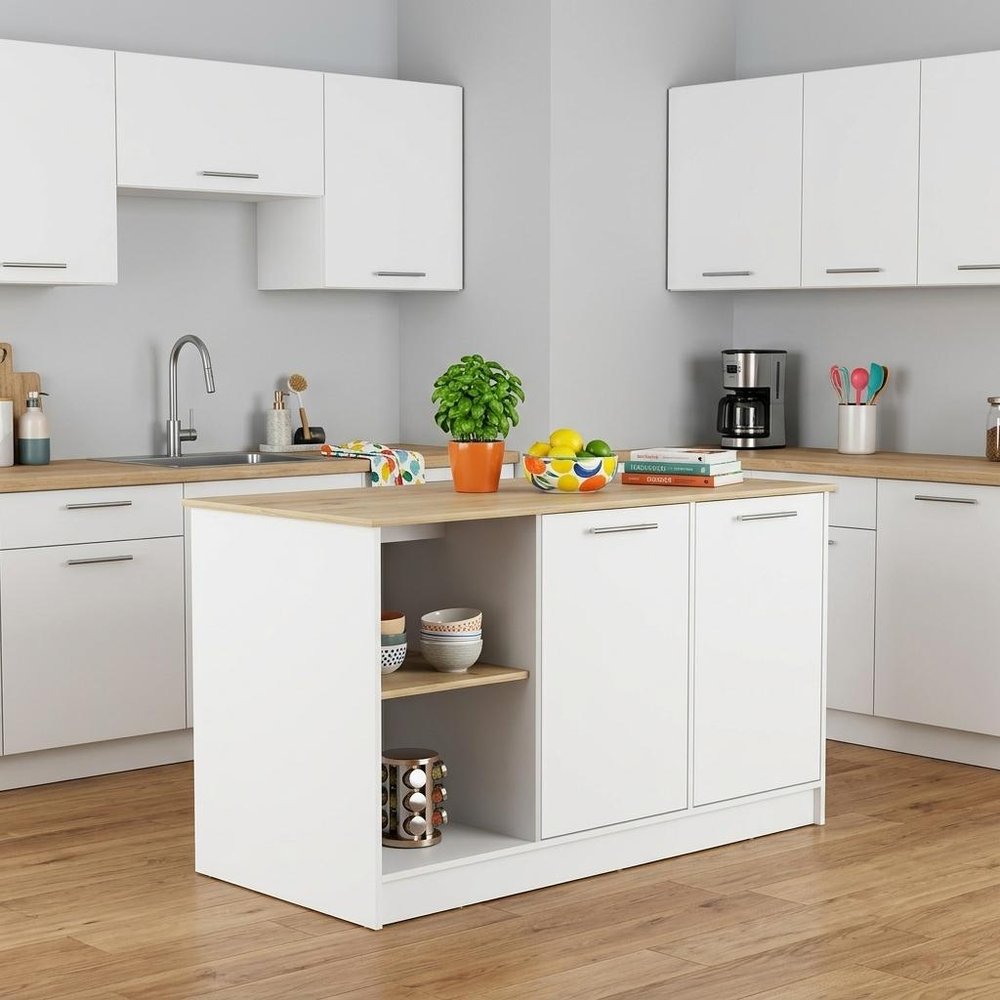 White and Oak 59" Kitchen Island With Storage in a home interior