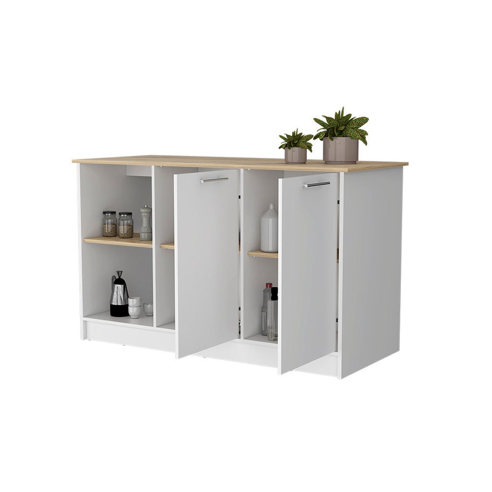 White and Oak 59" Kitchen Island With Storage on a white background