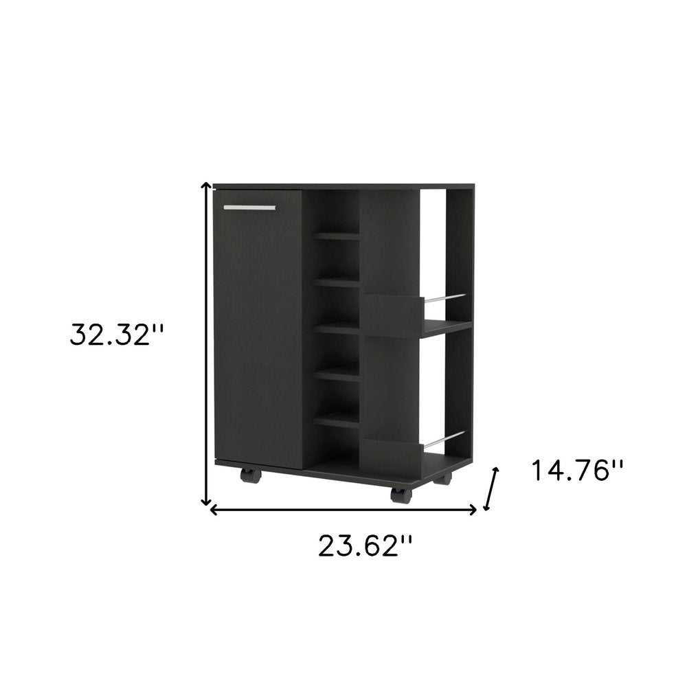 Black Rolling Bar Cart With Wine Storage - 32.32" H x 23.62" W x 14.76" D on a white background