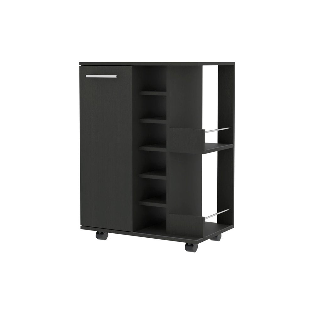 Dark gray rolling bar cart with a cabinet, open shelves, and metal accents on a white background.