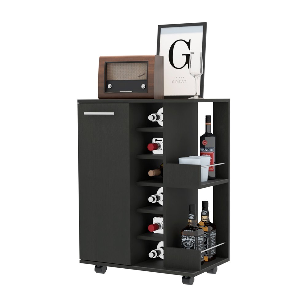 Black Rolling Bar Cart With Wine Storage - 32.32" H x 23.62" W x 14.76" D