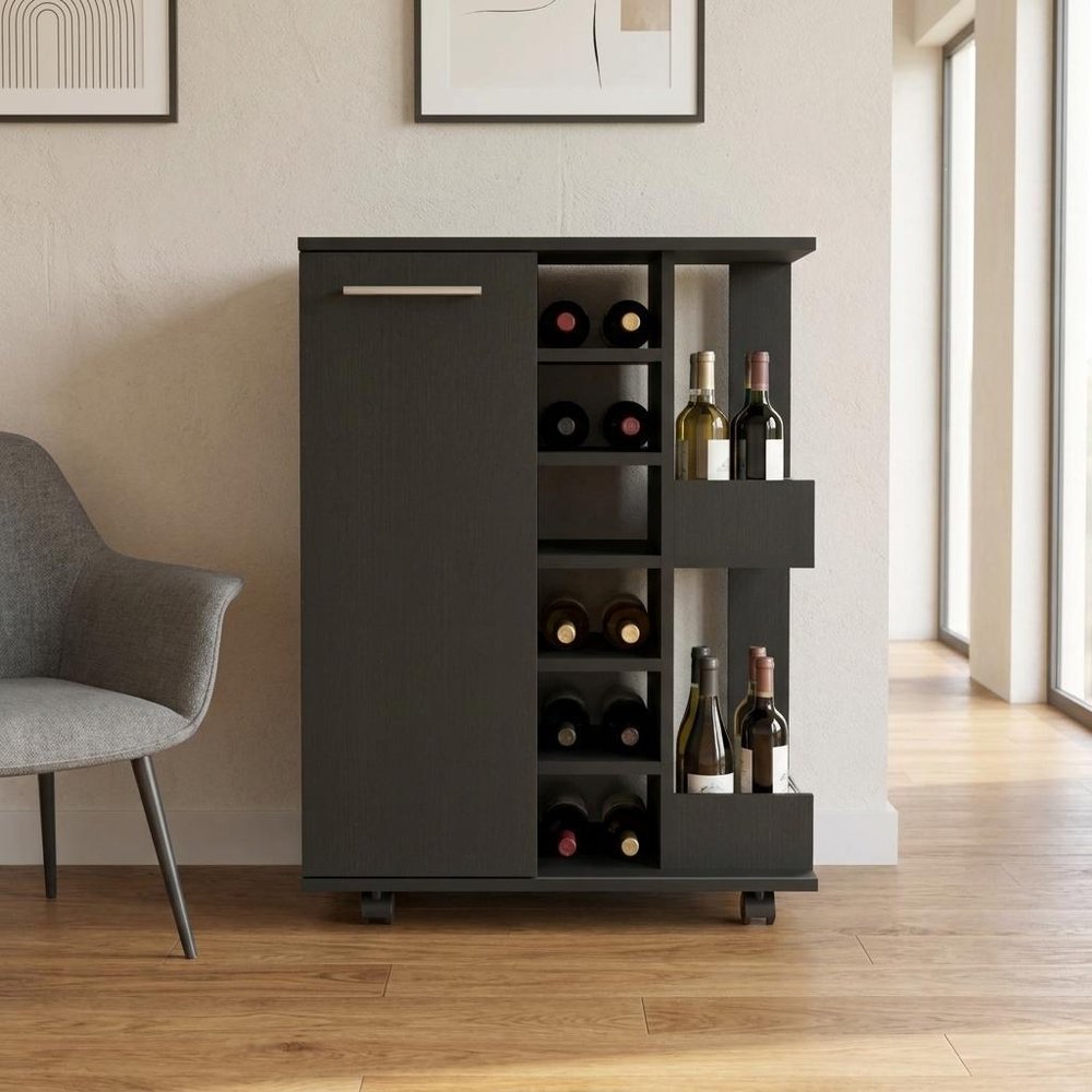 Black Rolling Bar Cart With Wine Storage - 32.32" H x 23.62" W x 14.76" D in a home interior